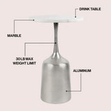 Arthea 20.25" Classic Designer Metal Drink Table and Decorative End Table with White Marble Round Top and Bell Pedestal Base