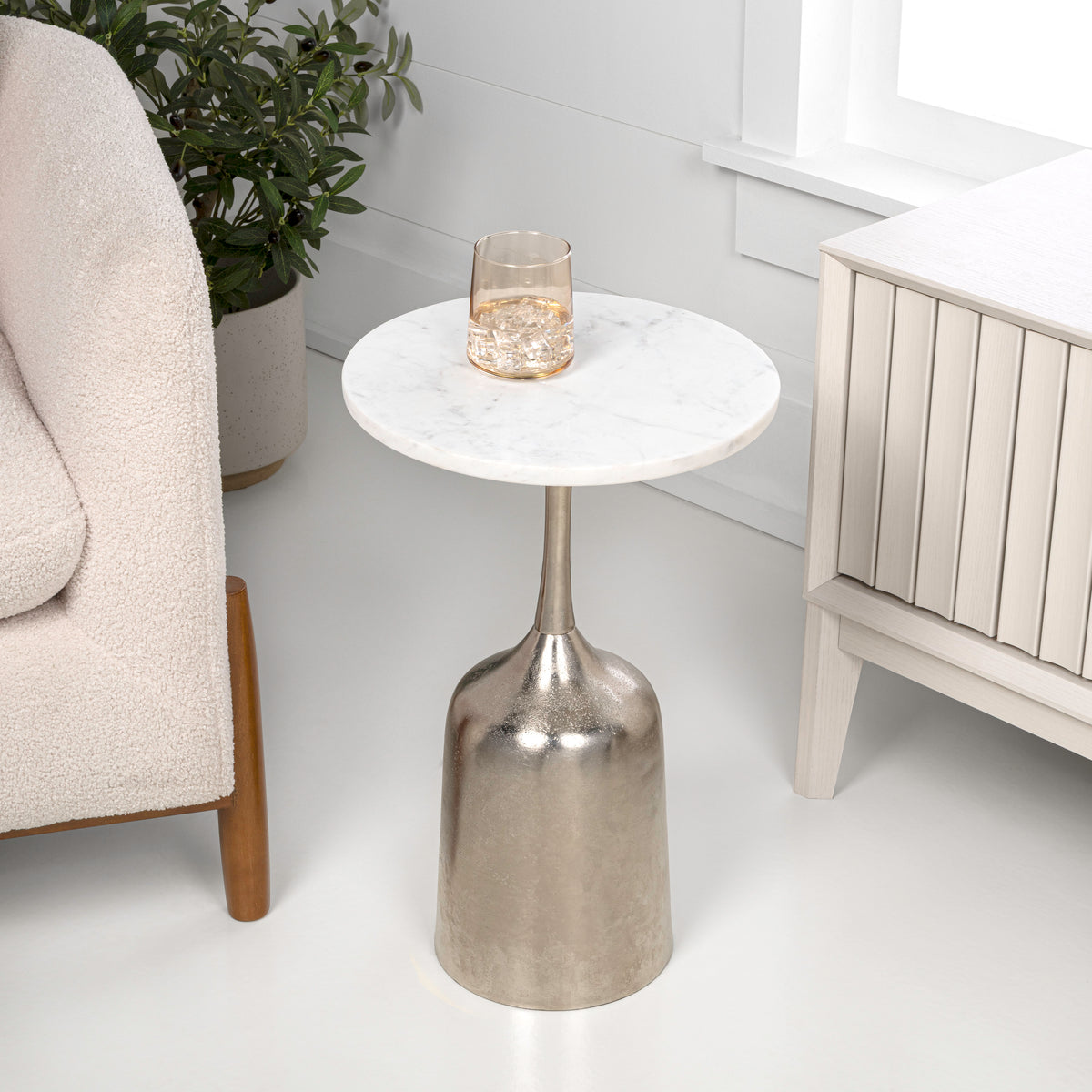 Arthea 20.25" Classic Designer Metal Drink Table and Decorative End Table with White Marble Round Top and Bell Pedestal Base