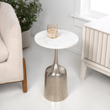 Arthea 20.25" Classic Designer Metal Drink Table and Decorative End Table with White Marble Round Top and Bell Pedestal Base
