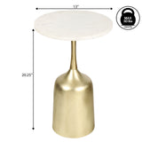 Arthea 20.25" Classic Designer Metal Drink Table and Decorative End Table with White Marble Round Top and Bell Pedestal Base