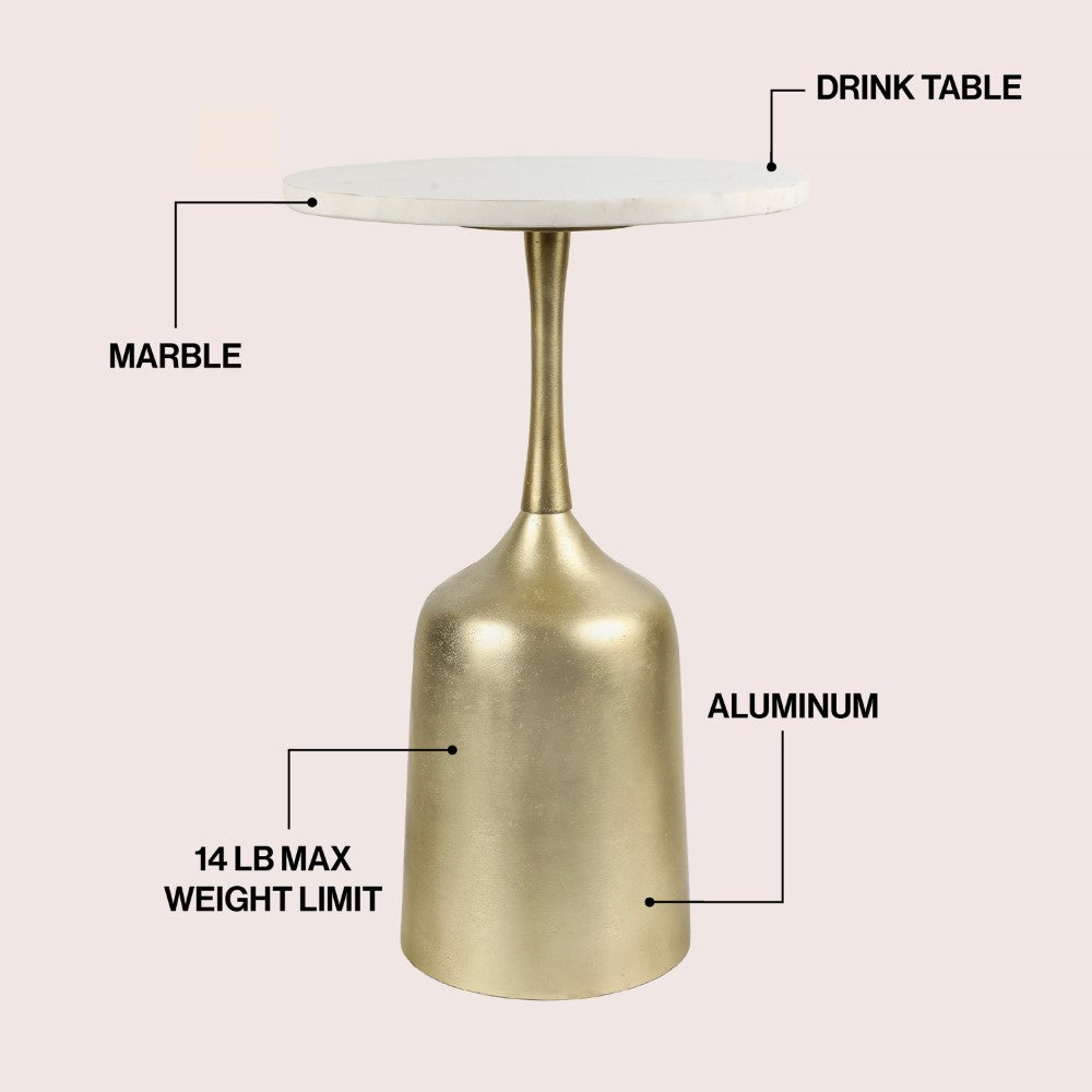 Arthea 20.25" Classic Designer Metal Drink Table and Decorative End Table with White Marble Round Top and Bell Pedestal Base