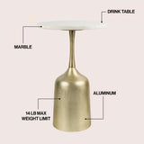 Arthea 20.25" Classic Designer Metal Drink Table and Decorative End Table with White Marble Round Top and Bell Pedestal Base