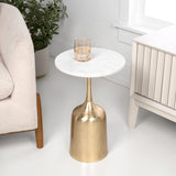 Arthea 20.25" Classic Designer Metal Drink Table and Decorative End Table with White Marble Round Top and Bell Pedestal Base