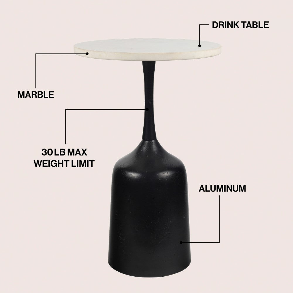 Arthea 20.25" Classic Designer Metal Drink Table and Decorative End Table with White Marble Round Top and Bell Pedestal Base