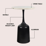 Arthea 20.25" Classic Designer Metal Drink Table and Decorative End Table with White Marble Round Top and Bell Pedestal Base