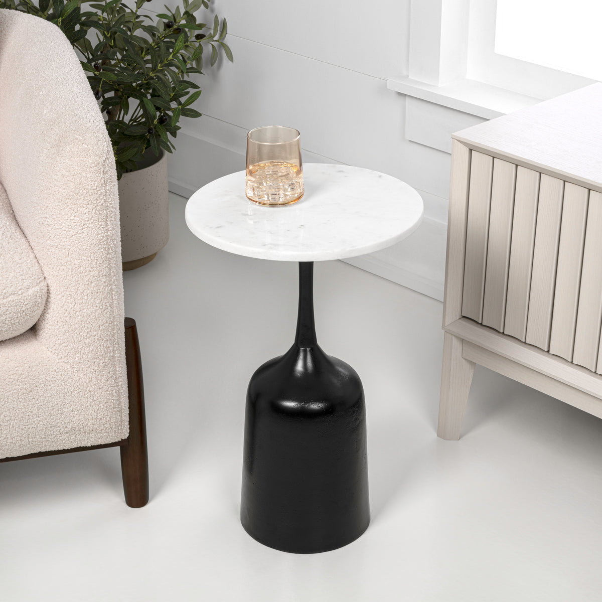Arthea 20.25" Classic Designer Metal Drink Table and Decorative End Table with White Marble Round Top and Bell Pedestal Base