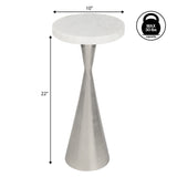 Rooten 22" Contemporary Designer Metal Drink Table and Decorative End Table with White Marble Round Top and Cone Pedestal Base