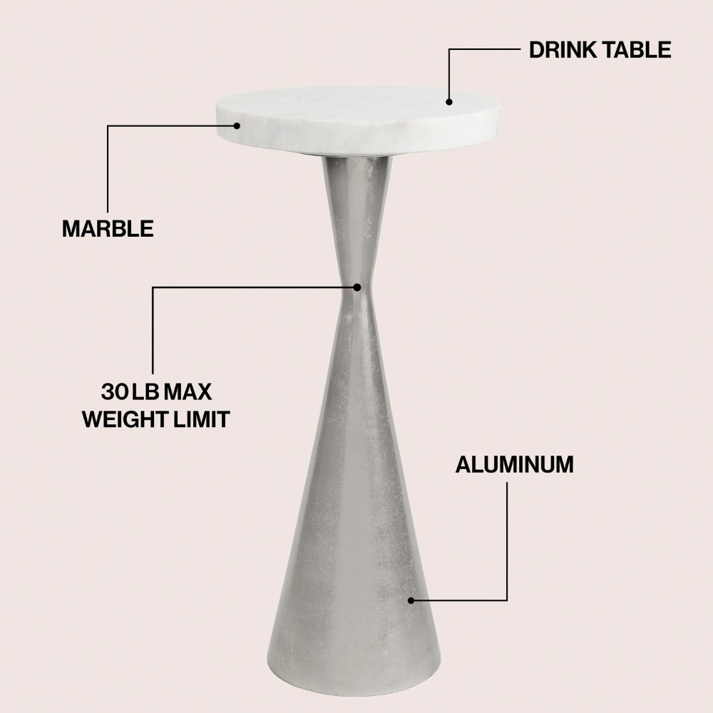 Rooten 22" Contemporary Designer Metal Drink Table and Decorative End Table with White Marble Round Top and Cone Pedestal Base