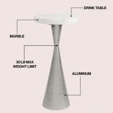 Rooten 22" Contemporary Designer Metal Drink Table and Decorative End Table with White Marble Round Top and Cone Pedestal Base
