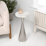 Rooten 22" Contemporary Designer Metal Drink Table and Decorative End Table with White Marble Round Top and Cone Pedestal Base