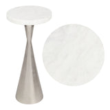 Rooten 22" Contemporary Designer Metal Drink Table and Decorative End Table with White Marble Round Top and Cone Pedestal Base