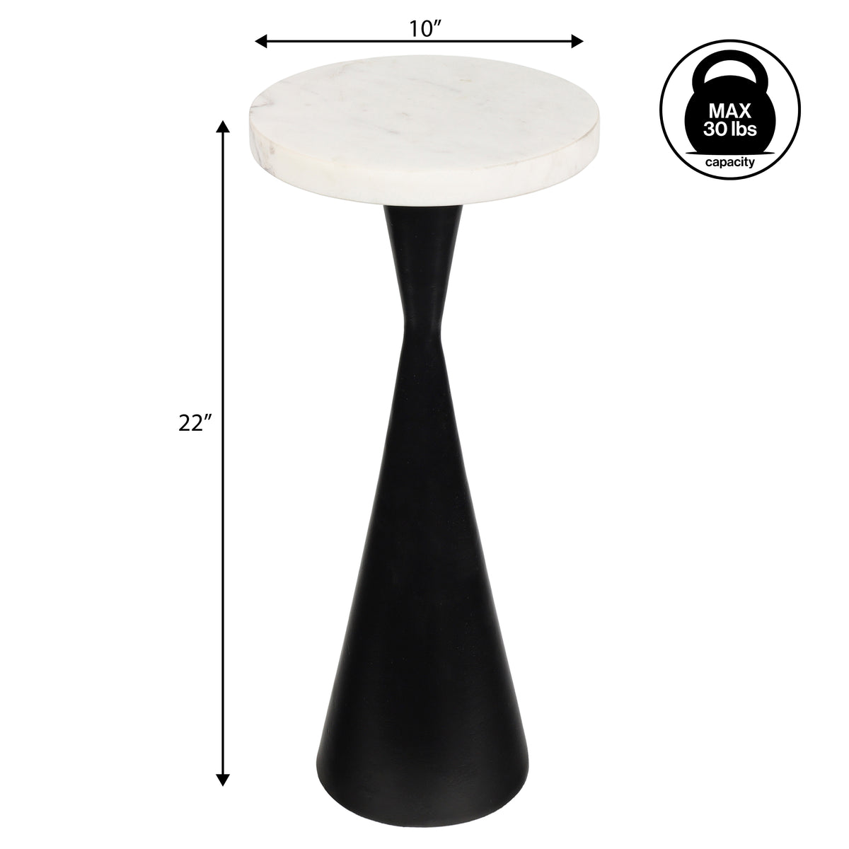 Rooten 22" Contemporary Designer Metal Drink Table and Decorative End Table with White Marble Round Top and Cone Pedestal Base
