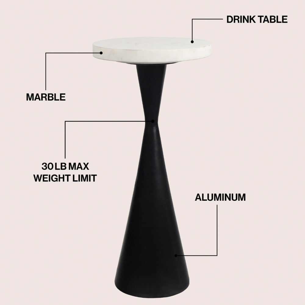Rooten 22" Contemporary Designer Metal Drink Table and Decorative End Table with White Marble Round Top and Cone Pedestal Base