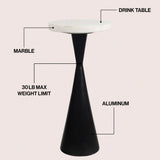 Rooten 22" Contemporary Designer Metal Drink Table and Decorative End Table with White Marble Round Top and Cone Pedestal Base