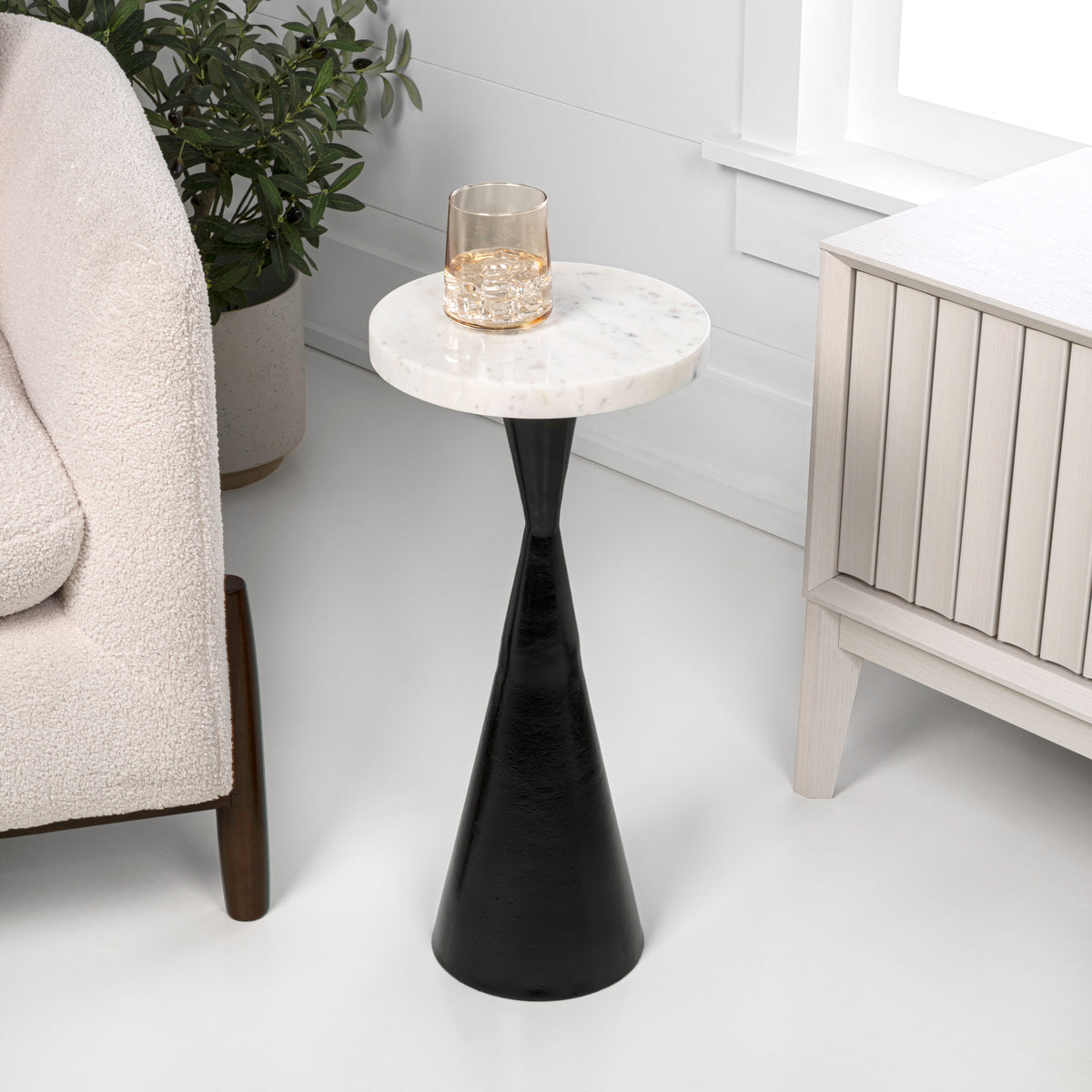 Rooten 22" Contemporary Designer Metal Drink Table and Decorative End Table with White Marble Round Top and Cone Pedestal Base