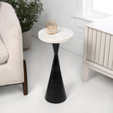 Rooten 22" Contemporary Designer Metal Drink Table and Decorative End Table with White Marble Round Top and Cone Pedestal Base