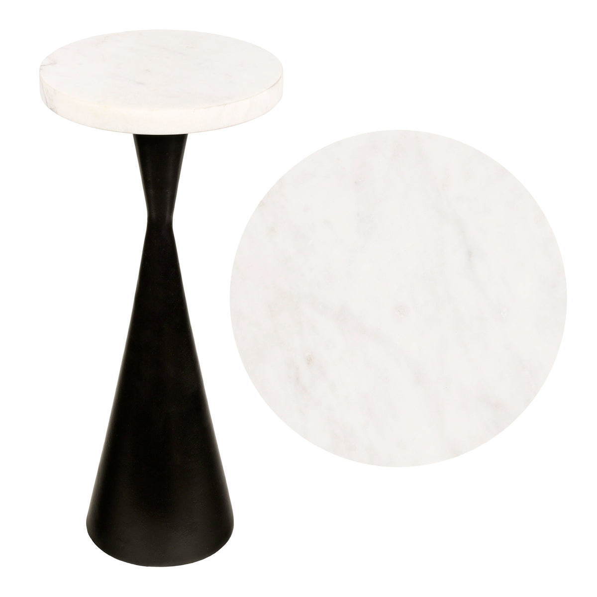 Rooten 22" Contemporary Designer Metal Drink Table and Decorative End Table with White Marble Round Top and Cone Pedestal Base