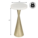 Rooten 22" Contemporary Designer Metal Drink Table and Decorative End Table with White Marble Round Top and Cone Pedestal Base
