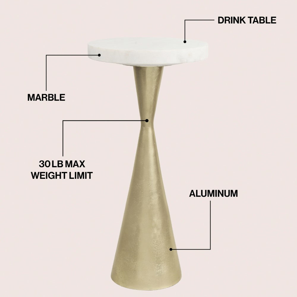 Rooten 22" Contemporary Designer Metal Drink Table and Decorative End Table with White Marble Round Top and Cone Pedestal Base