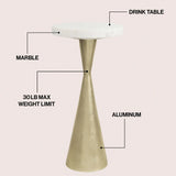 Rooten 22" Contemporary Designer Metal Drink Table and Decorative End Table with White Marble Round Top and Cone Pedestal Base
