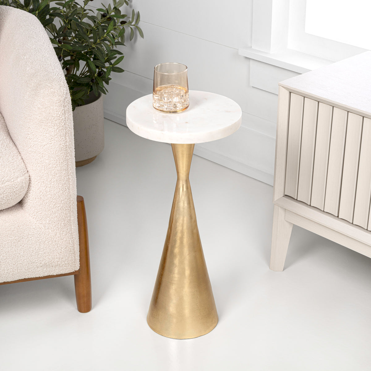 Rooten 22" Contemporary Designer Metal Drink Table and Decorative End Table with White Marble Round Top and Cone Pedestal Base