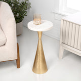 Rooten 22" Contemporary Designer Metal Drink Table and Decorative End Table with White Marble Round Top and Cone Pedestal Base