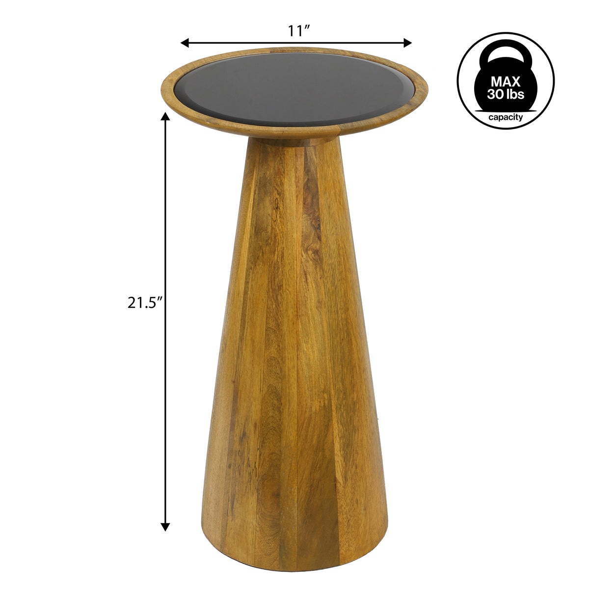 Beyra 21.5" Farmhouse Industrial Mango Wood Drink Table and Decorative End Table with Round Black Glass Top and Cone Pedestal Base
