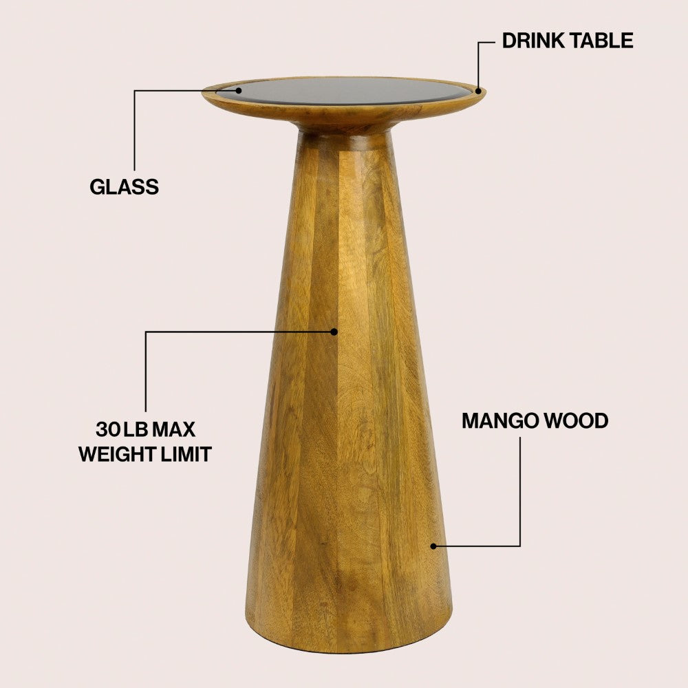 Beyra 21.5" Farmhouse Industrial Mango Wood Drink Table and Decorative End Table with Round Black Glass Top and Cone Pedestal Base