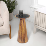 Beyra 21.5" Farmhouse Industrial Mango Wood Drink Table and Decorative End Table with Round Black Glass Top and Cone Pedestal Base