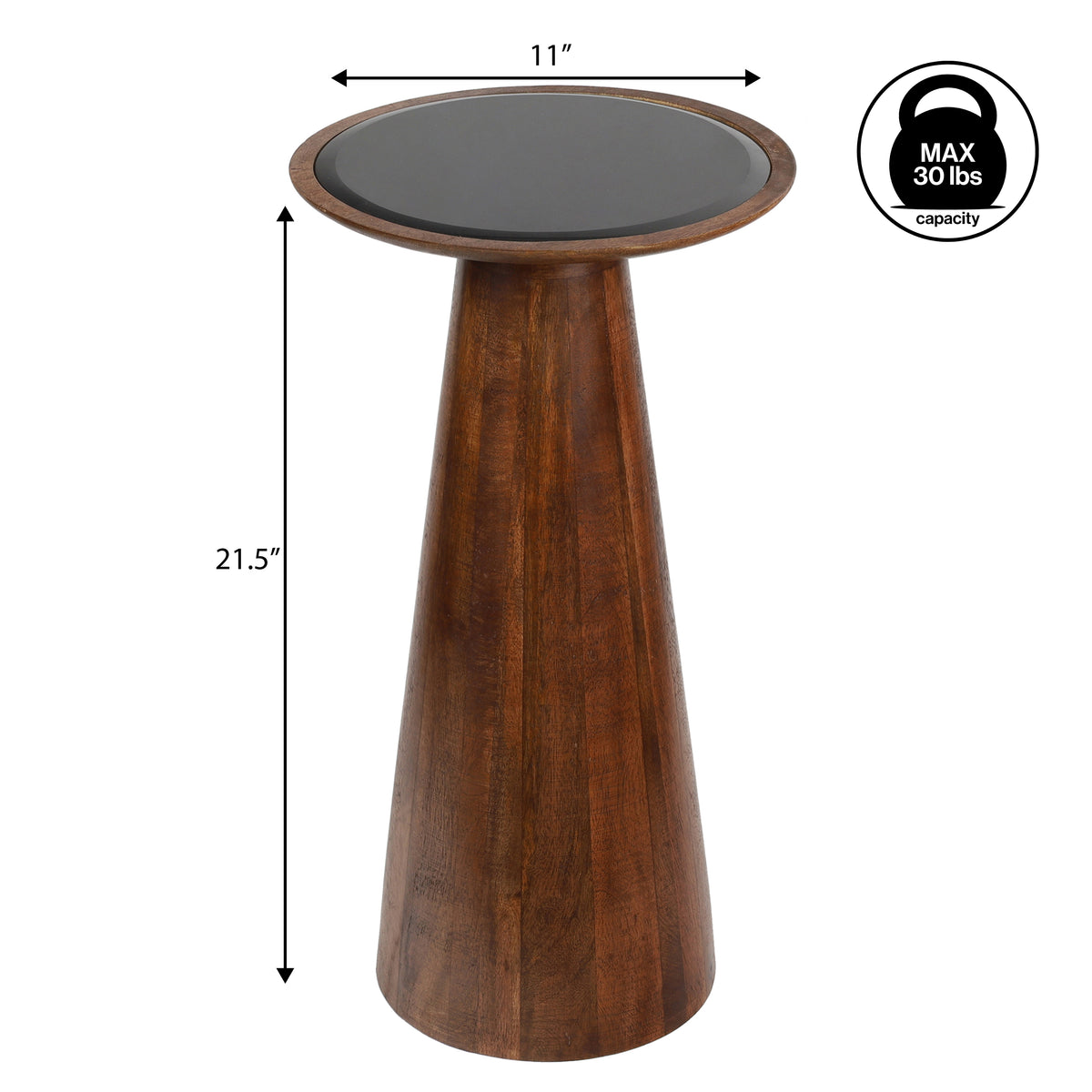 Beyra 21.5" Farmhouse Industrial Mango Wood Drink Table and Decorative End Table with Round Black Glass Top and Cone Pedestal Base