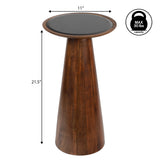 Beyra 21.5" Farmhouse Industrial Mango Wood Drink Table and Decorative End Table with Round Black Glass Top and Cone Pedestal Base