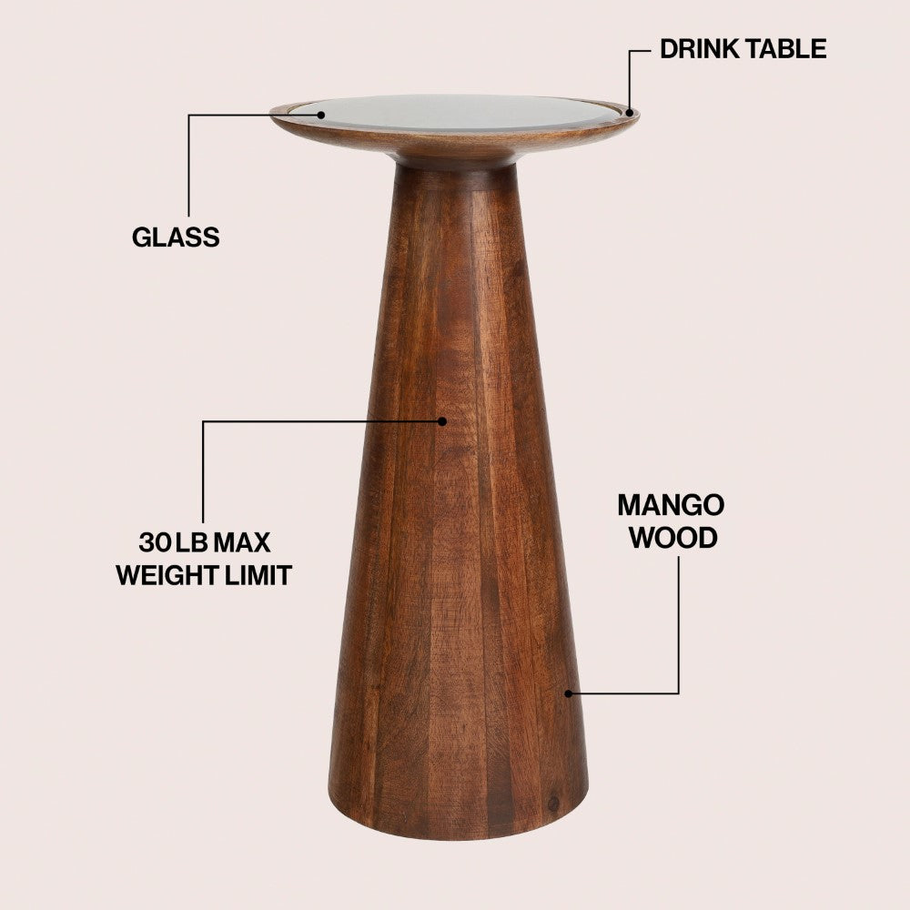 Beyra 21.5" Farmhouse Industrial Mango Wood Drink Table and Decorative End Table with Round Black Glass Top and Cone Pedestal Base