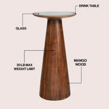 Beyra 21.5" Farmhouse Industrial Mango Wood Drink Table and Decorative End Table with Round Black Glass Top and Cone Pedestal Base