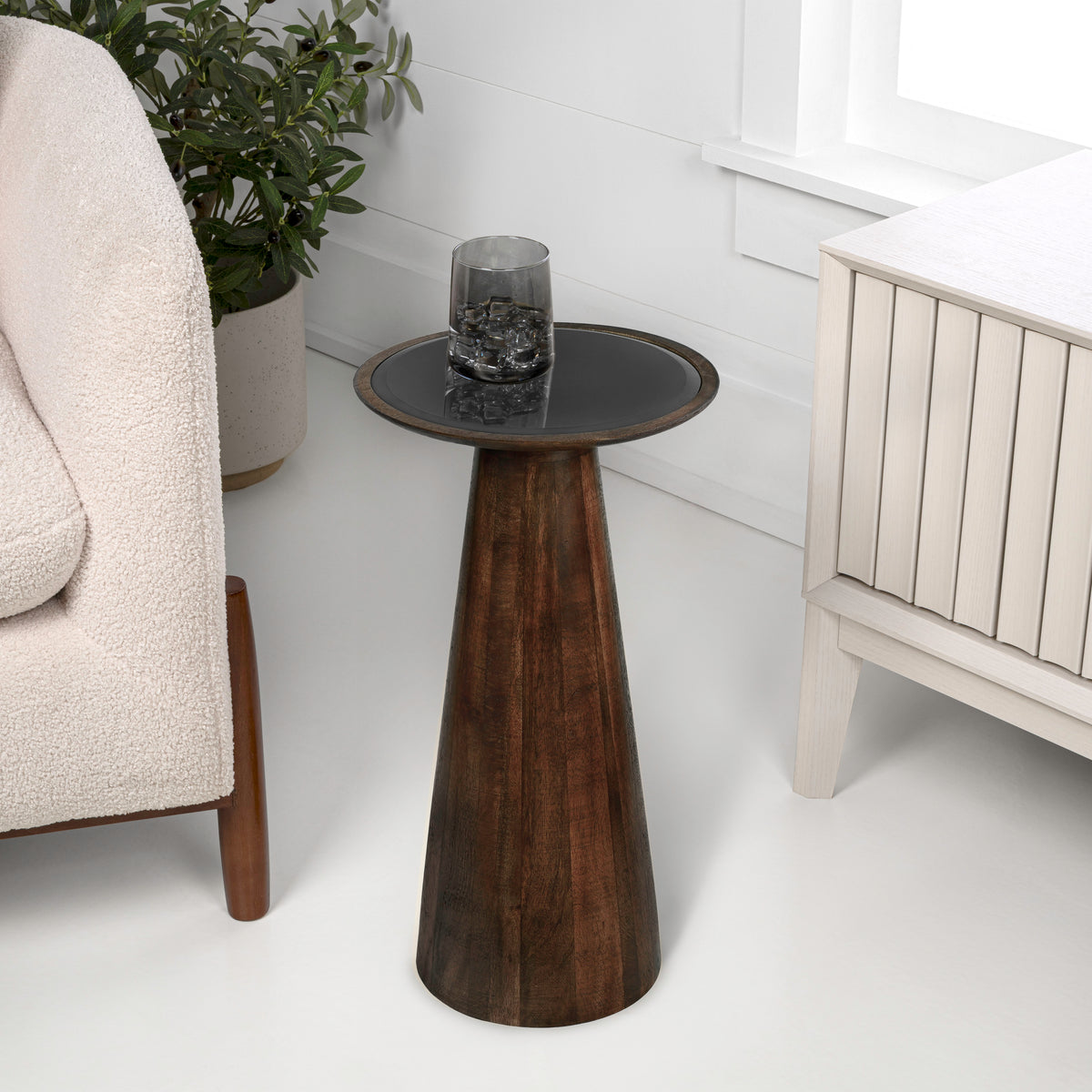 Beyra 21.5" Farmhouse Industrial Mango Wood Drink Table and Decorative End Table with Round Black Glass Top and Cone Pedestal Base