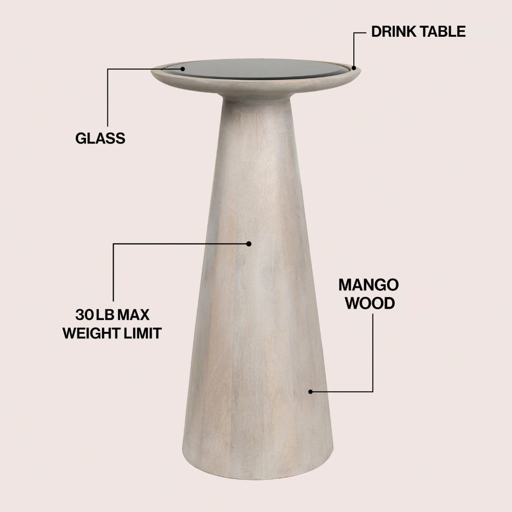 Beyra 21.5" Farmhouse Industrial Mango Wood Drink Table and Decorative End Table with Round Black Glass Top and Cone Pedestal Base