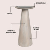 Beyra 21.5" Farmhouse Industrial Mango Wood Drink Table and Decorative End Table with Round Black Glass Top and Cone Pedestal Base