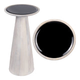 Beyra 21.5" Farmhouse Industrial Mango Wood Drink Table and Decorative End Table with Round Black Glass Top and Cone Pedestal Base