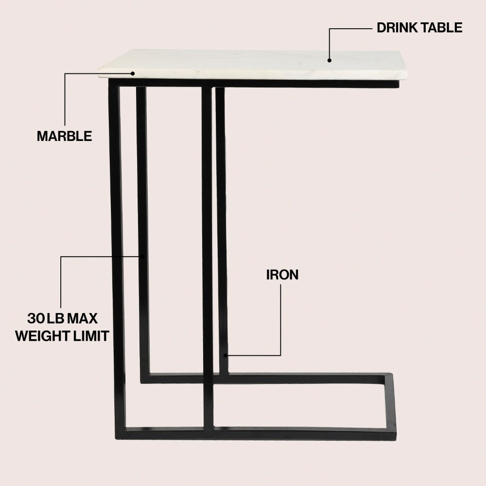 Grevyn 24.25" Designer Industrial Metal C-Shaped End Table and Side Couch Table with White Marble Top
