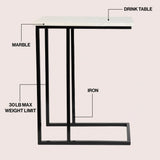 Grevyn 24.25" Designer Industrial Metal C-Shaped End Table and Side Couch Table with White Marble Top