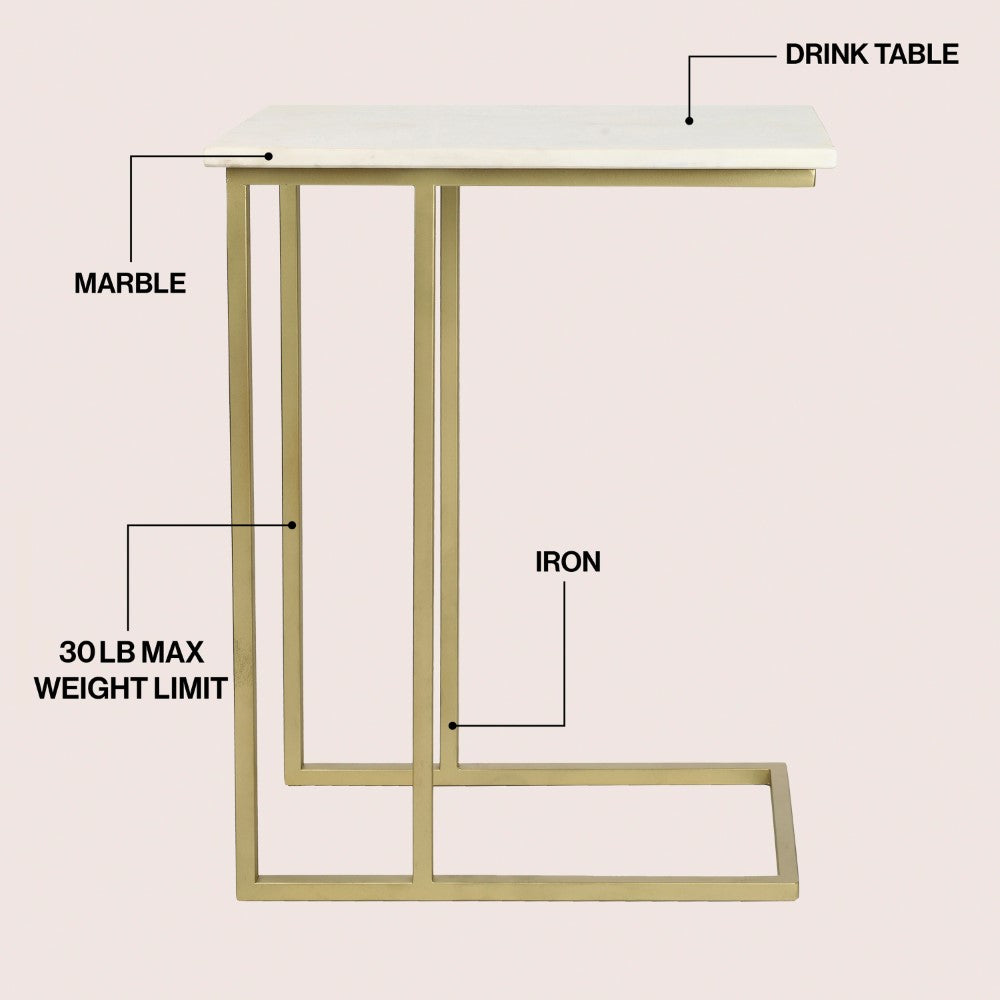 Grevyn 24.25" Designer Industrial Metal C-Shaped End Table and Side Couch Table with White Marble Top