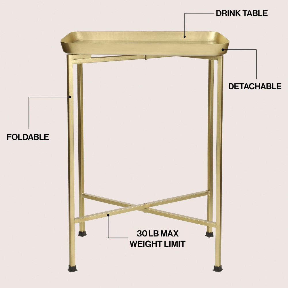 Verdae 26.25" Industrial Classic Metal Foldable Rectangular End Table and Side Table with Mirrored Removable Tray Top