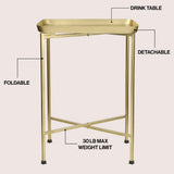 Verdae 26.25" Industrial Classic Metal Foldable Rectangular End Table and Side Table with Mirrored Removable Tray Top