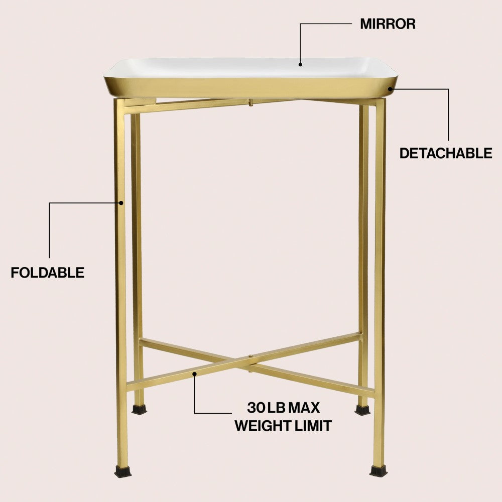 Verdae 26.25" Industrial Classic Metal Foldable Rectangular End Table and Side Table with Mirrored Removable Tray Top
