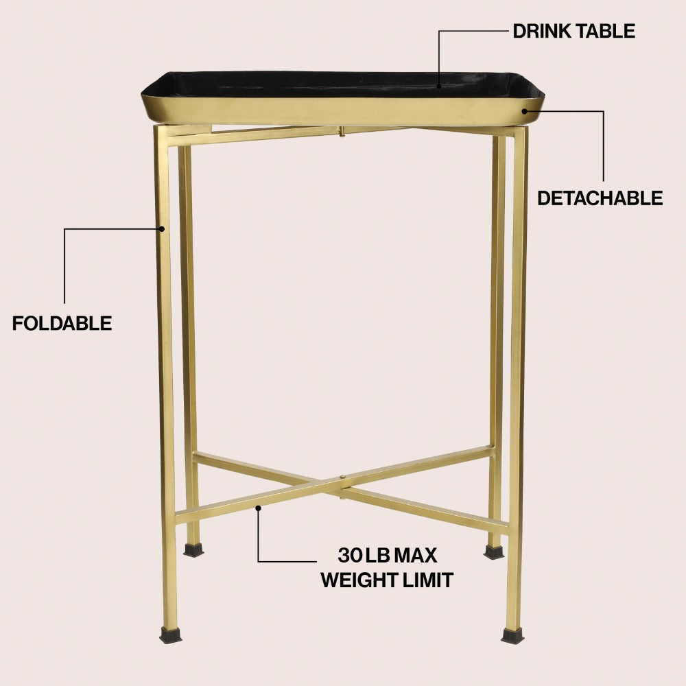 Verdae 26.25" Industrial Classic Metal Foldable Rectangular End Table and Side Table with Mirrored Removable Tray Top