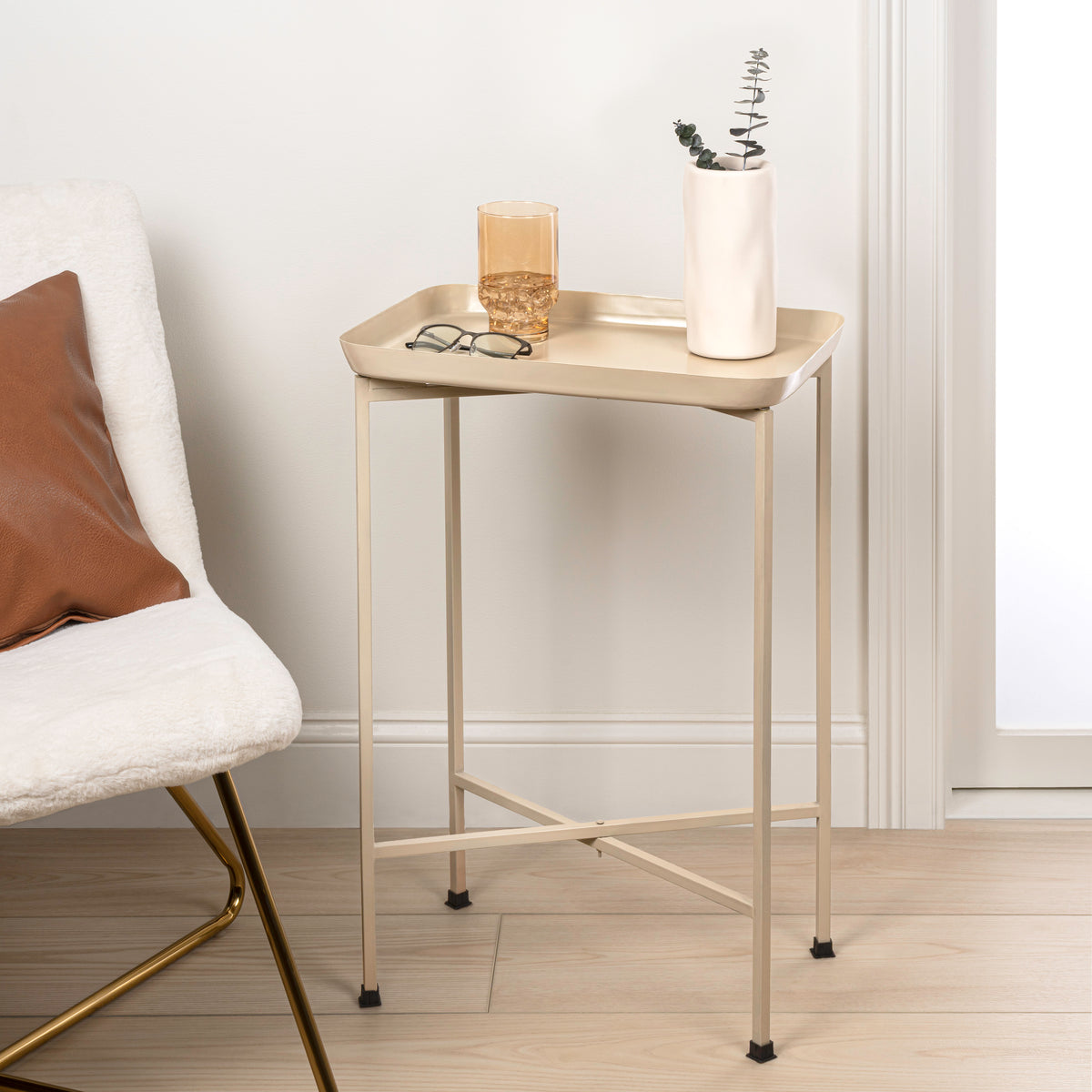 Verdae 26.25" Industrial Classic Metal Foldable Rectangular End Table and Side Table with Mirrored Removable Tray Top