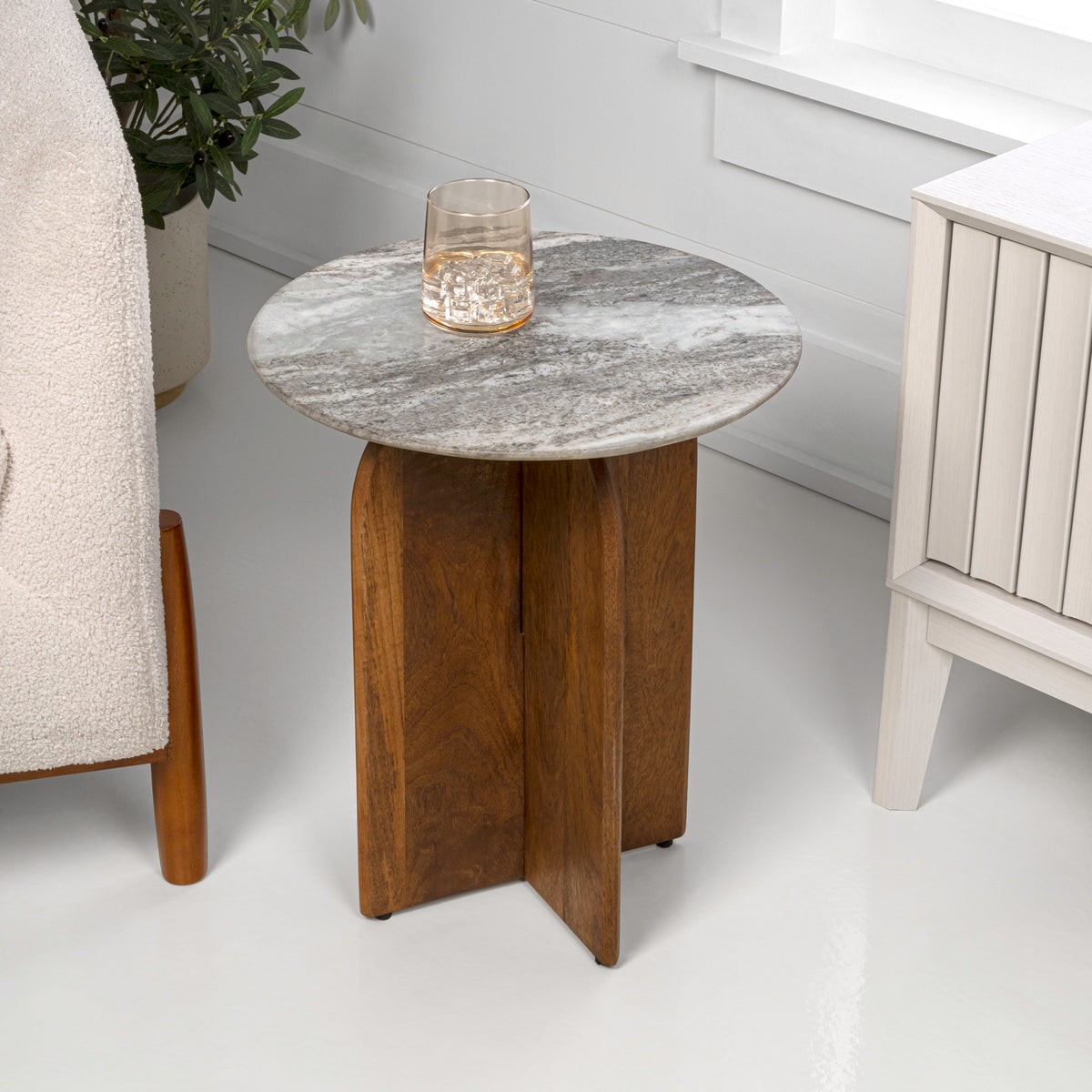 Cinderbrook 18" Rustic Minimalist Marble/Wood X-Base Accent Table