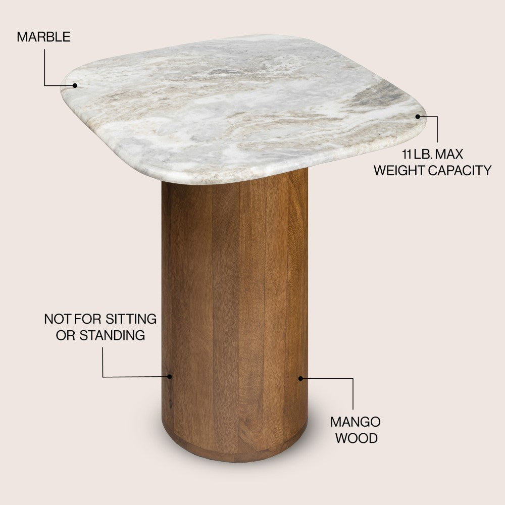 Mateo 18" Rustic Minimalist Square Marble/Wood Accent Table