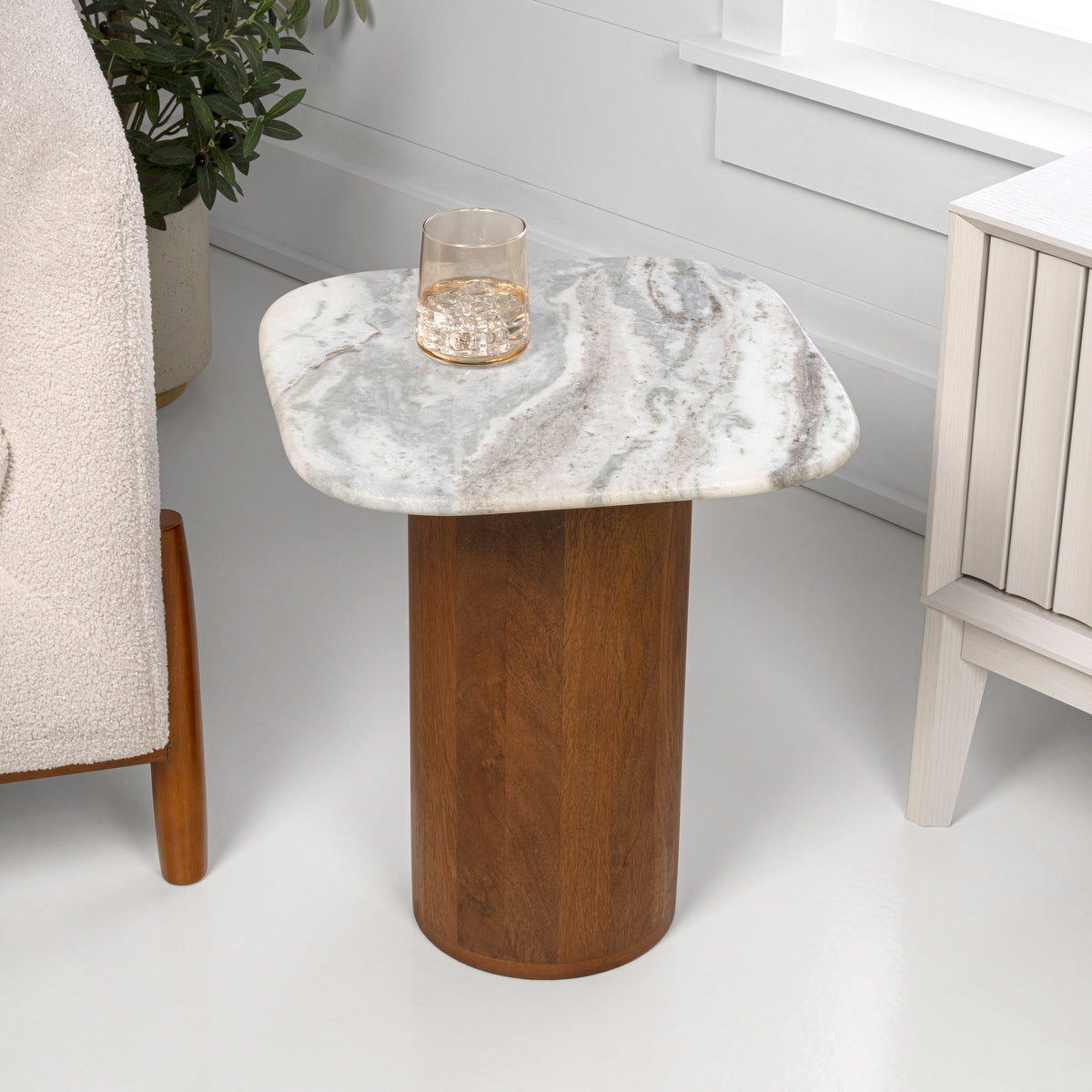 Mateo 18" Rustic Minimalist Square Marble/Wood Accent Table