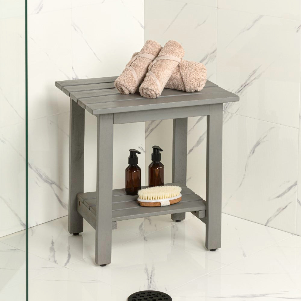 Lumara 16.1" Cottage Classic Slatted Solid Acacia Wood Indoor/Outdoor Shower Bench with Shelf