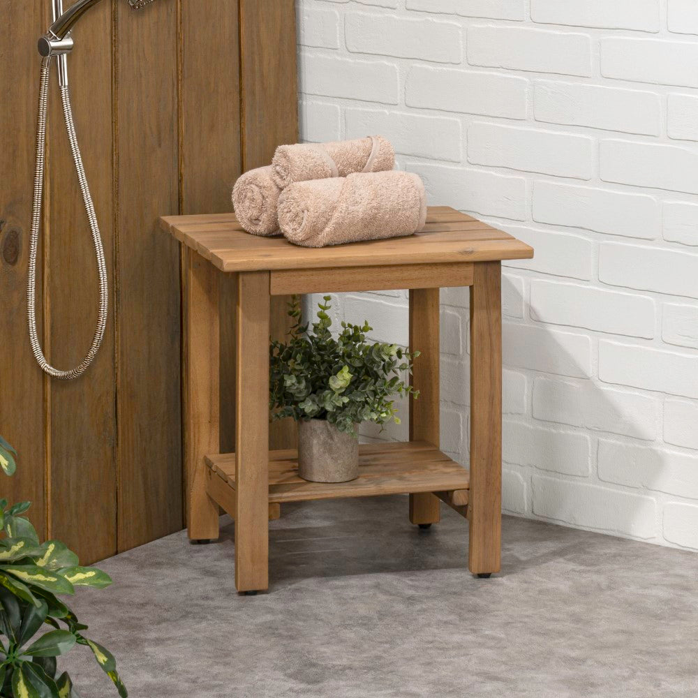 Lumara 16.1" Cottage Classic Slatted Solid Acacia Wood Indoor/Outdoor Shower Bench with Shelf